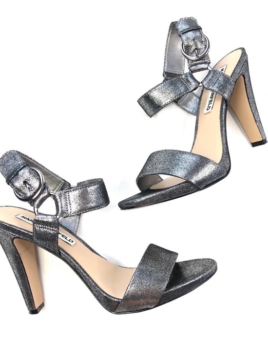 Karl Lagerfeld Shoes - Karl Lagerfeld Silver Glitter Ankle Strap Block Heels